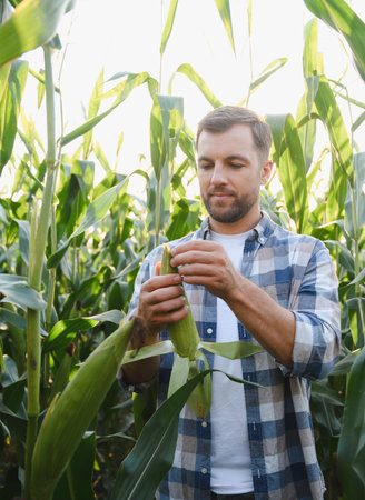 Farmer inspecting corn cob in cultivated plantation at sunset, ensuring healthy growth and assessing...