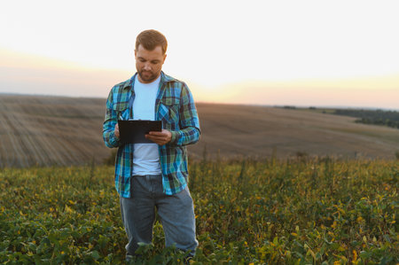 Farmer writing notes on clipboard while inspecting crops in soybean field during golden hour sunsetの写真素材