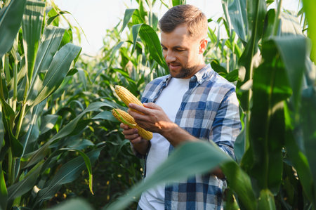 Happy farmer inspecting the quality of ripe corn cobs in a sunlit, cultivated field, enjoying the vibrant summer landscapeの写真素材