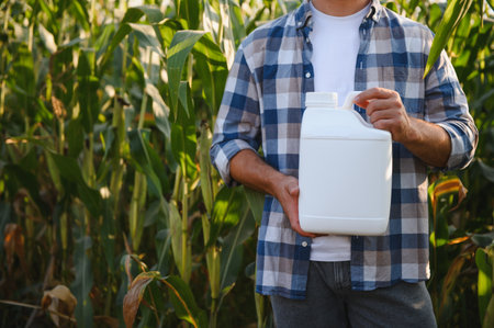 Farmer holding white pesticide bottle in corn field, ensuring healthy crop growth and protection from pests and diseasesの写真素材