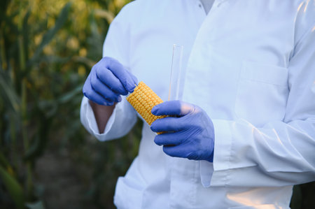 Agricultural scientist examining corn on the cob, conducting food quality control check in cultivated maize fieldの写真素材