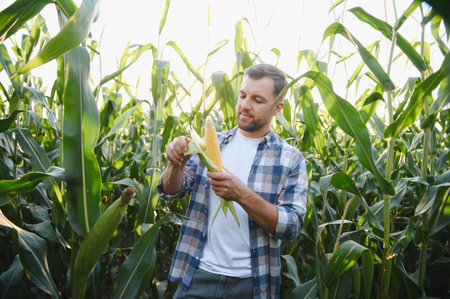 Happy farmer inspecting a ripe corn cob amidst a vibrant cornfield, embodying agricultural success and the harvest seasonの写真素材