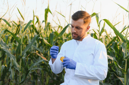 Agronomist wearing a lab coat and gloves is examining a corn cob in a cultivated cornfield, conducting agricultural researchの写真素材