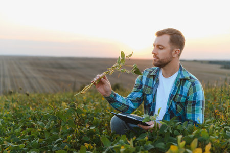 Agronomist analyzing soy plants in cultivated field at sunset, holding a tablet and checking growth