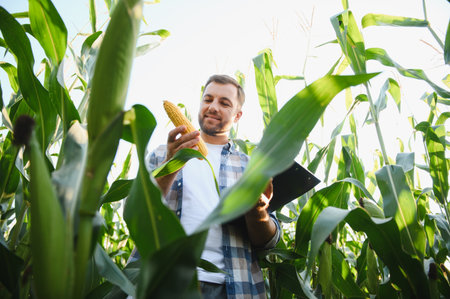 Farmer holding a corn cob and clipboard, inspecting crops in a lush, cultivated field under a bright summer skyの写真素材