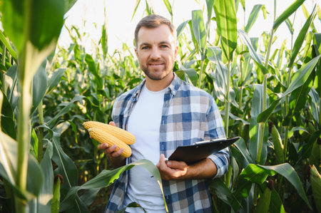 Happy farmer inspecting corn cobs while jotting down notes in a vibrant corn field, ensuring quality...