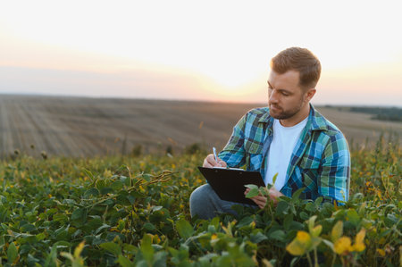 Agronomist inspecting growing soybeans at sunset, assessing growth and taking notes on a clipboard, ensuring healthy harvestの写真素材