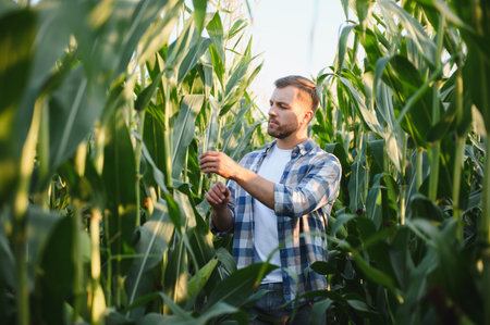 Farmer inspecting corn crops in a cultivated agricultural field during a vibrant sunset, enjoying...