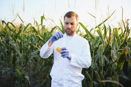 Agronomist wearing a lab coat and gloves, analyzing a corn cob in a cultivated field, utilizing a dropper for precise testing and researchの写真素材