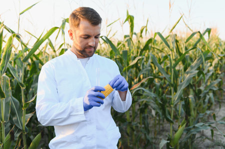 Agronomist wearing lab coat and gloves examining corn cob and holding test tube in cultivated maize fieldの写真素材