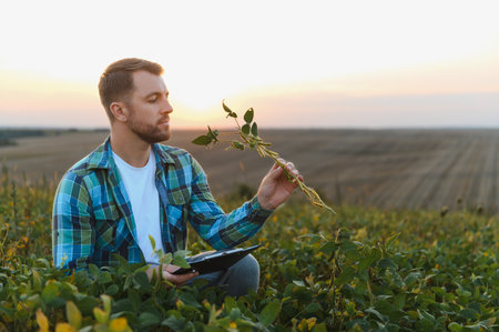 Agronomist inspecting soy plants at sunset, utilizing a tablet for collecting and analyzing vital...