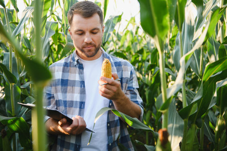 Farmer examining corn cob and taking notes on clipboard in cornfield, performing quality control during harvest seasonの写真素材