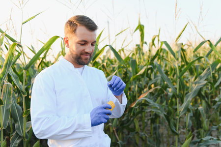 Agronomist wearing lab coat and gloves examining corn cob in cultivated maize field, performing quality control and research for harvest optimizationの写真素材
