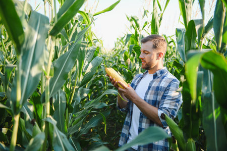 Farmer holding and inspecting a ripe corn cob in a lush cornfield, ensuring a successful harvestの写真素材