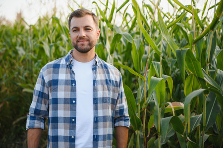 Portrait of a confident farmer posing in his corn field, proud of his healthy and thriving plantationの写真素材
