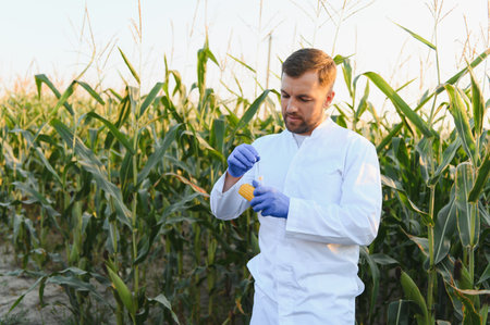 Agricultural scientist conducting research on corn crop, performing genetic modification tests in cultivated field for improved yield and qualityの写真素材