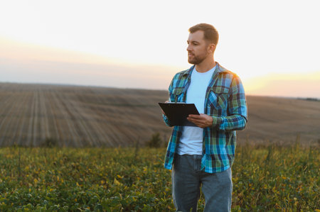 Farmer holding clipboard analyzing cultivated soybean field at sunset, ensuring healthy growth and...