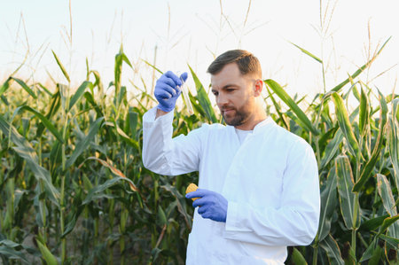 Agronomist wearing lab coat and gloves analyzing corn cob and liquid in test tube in cornfield, performing quality control of the harvestの写真素材