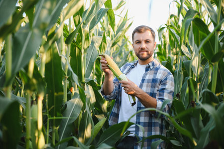 Farmer holding and examining ripe corn cob in cultivated maize plantation during harvest seasonの写真素材