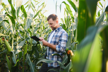 Farmer inspecting his corn plantation, taking notes on a clipboard, ensuring healthy growth and planning for a successful harvestの写真素材