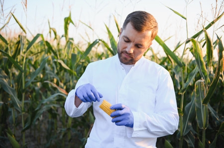 Agronomist wearing a lab coat and gloves, inspecting a ripe corn cob in a maize plantation during a stunning sunset over the fieldsの写真素材