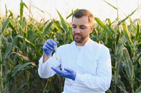 Agronomist pouring corn seed from test tube in cultivated field at sunset, performing quality control of new cropの写真素材