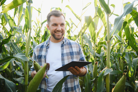Happy farmer examining corn cob and using digital tablet while working in agricultural corn fieldの写真素材