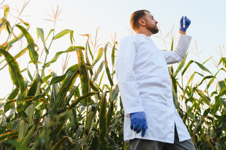 Agronomist wearing a lab coat and gloves analyzes a test tube amidst a cornfield, symbolizing sustainable agriculture research and developmentの写真素材