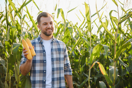 Smiling farmer holding ripe corn cobs during harvest in a lush maize plantation, basking in the warm...