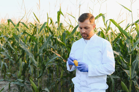 Agronomist wearing gloves is examining a corn cob in a cultivated field at sunset, performing quality controlの写真素材