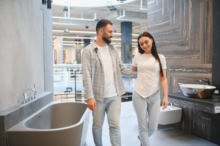 Young couple looking for new bathroom equipment, choosing modern bathtubs and sink designs for home...