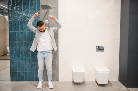 Man in a showroom visualizing new shower and toilet installations, planning home renovation, comparing modern stylesの写真素材