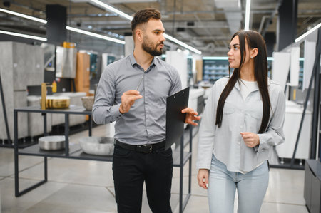 Male salesman explaining details to female customer in a bathroom fixtures showroom, offering professional sales supportの写真素材