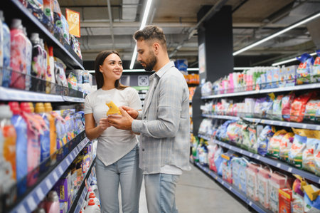 Happy couple comparing different detergent products in a grocery store aisle, making purchasing...
