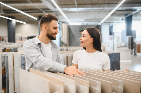 Happy couple selecting new tiles in a hardware store, making decisions for their home improvement projectの写真素材
