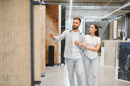 Young couple shopping for new flooring, selecting marble look tiles for home improvement project in a modern showroomの写真素材