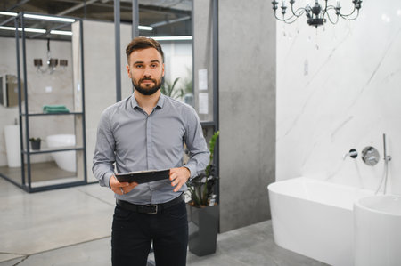 Male salesman in a modern bathroom showroom holding a clipboard, confident and professional, ready to assist customers with renovation choicesの写真素材