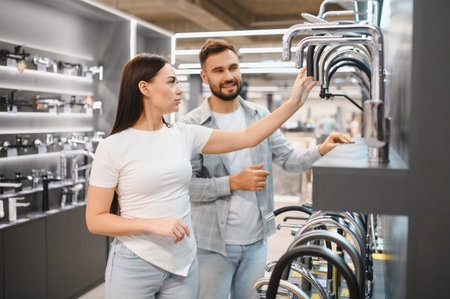 Young couple shopping together for new bathroom or kitchen fixtures, selecting a modern faucet for their home improvement projectの写真素材