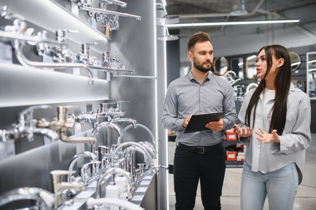 Woman and seller having a conversation, choosing bathroom fixtures for renovation or new home constructionの写真素材