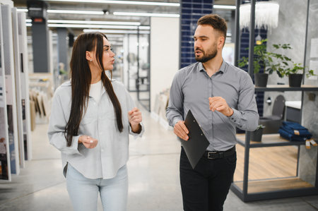 Salesman helping female buyer choosing products in a modern store. Customer service and shopping assistanceの写真素材