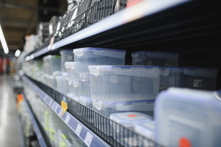 Clear plastic food storage containers with blue lids stacked on a supermarket shelf, retail display showing variety and organizationの写真素材