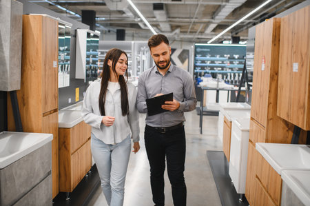 Salesman consulting female buyer with clipboard while walking through aisle displaying bathroom vanities and furnitureの写真素材