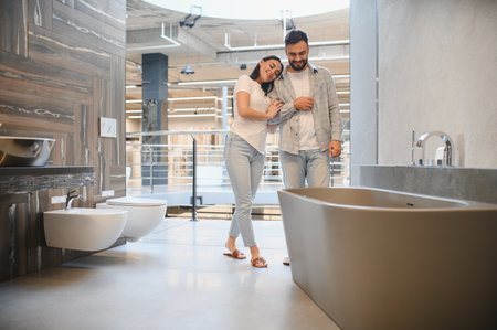 Young couple choosing bathtub and fixtures for home renovation, embracing while planning future bathroom designの写真素材