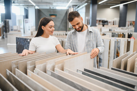 Young couple selecting new ceramic tiles at a hardware store, planning their home improvement and house redecorationの写真素材