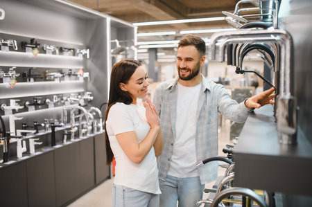 Happy couple shopping for new kitchen or bathroom faucets in a hardware store showroom, buying home improvement productsの写真素材
