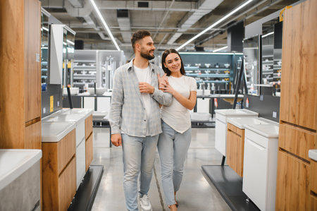 Smiling couple walking arm in arm, choosing new bathroom vanities, sinks, and cabinets at a home improvement showroomの写真素材