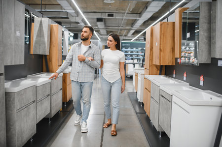 Couple walking through a home improvement store, looking at different bathroom vanities and sinks for their new homeの写真素材