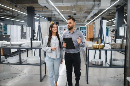 Sales assistant consulting a smiling female buyer, showing bathroom sinks and fixtures in a modern renovation retail storeの写真素材