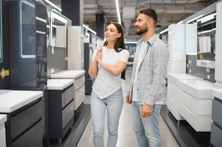Young couple shopping, looking at bathroom furniture and home improvement options in a modern showroomの写真素材