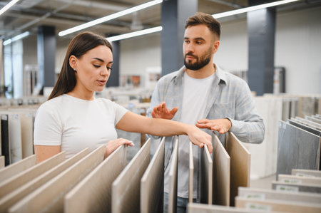 Young couple selecting new flooring tiles for house renovation in a showroom, making design decisions togetherの写真素材